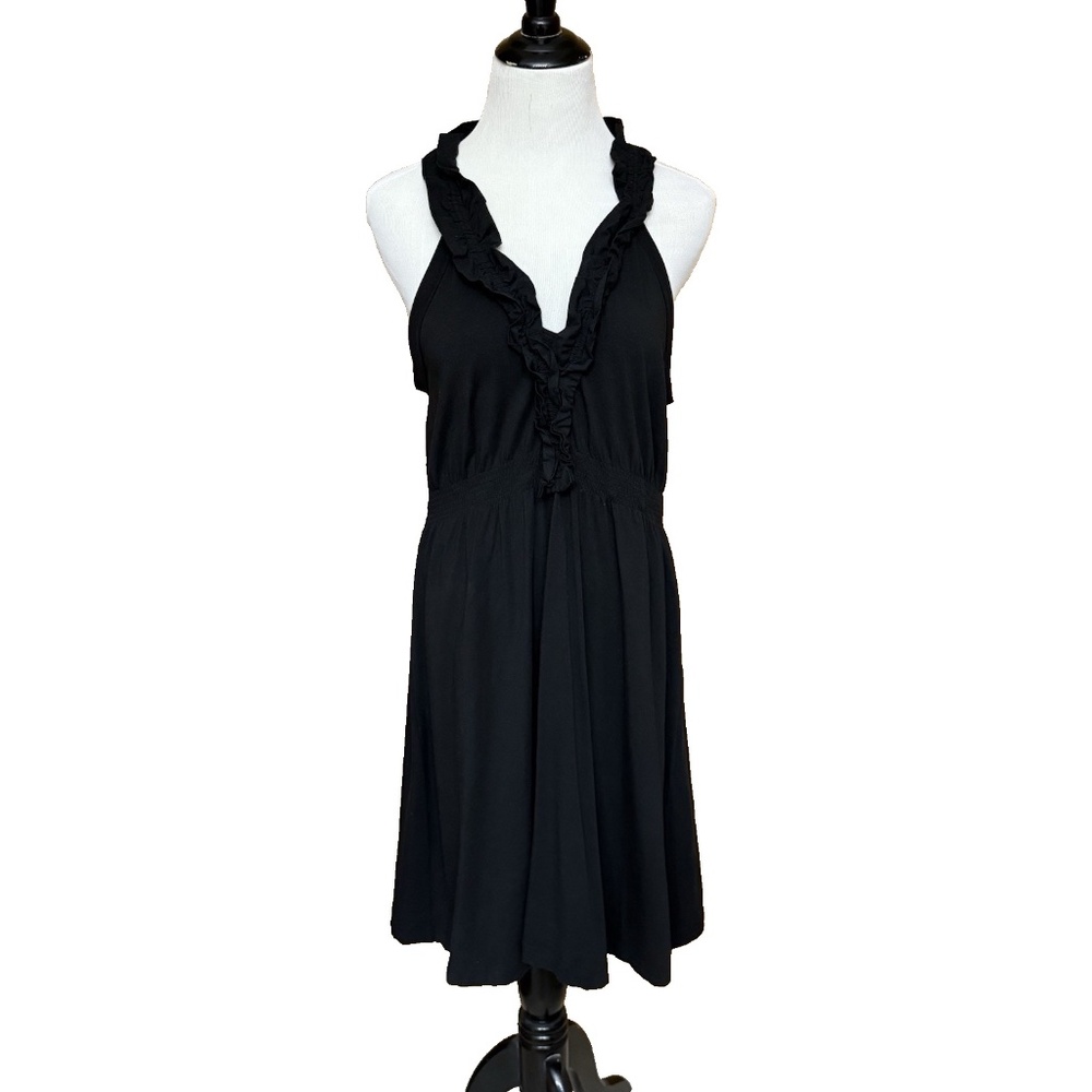 Theory Size M Mini Dress Soft Black Cotton Knit Jersey Ruffled Neck Sleeveless